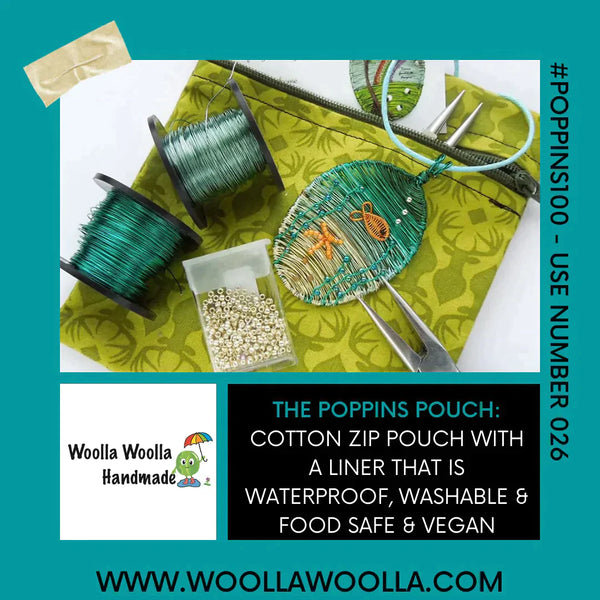 Natural Toadstool -  Handy Poppins Pouch, Waterproof, Washable, Food Safe, Vegan, Lined Zip Bag With Wrist Strap