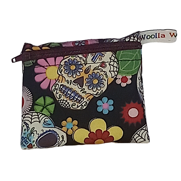 Black Sugar Skull  - Snack Bag - Small Pippins Waterproof Pouch for Food, Makeup and more, Eco-Friendly and Washable Lunch, Travel, and Storage
