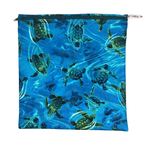 Sea Turtle Blue - Large Poppins Pouch - Waterproof, Washable, Food Safe, Vegan, Lined Zip Bag