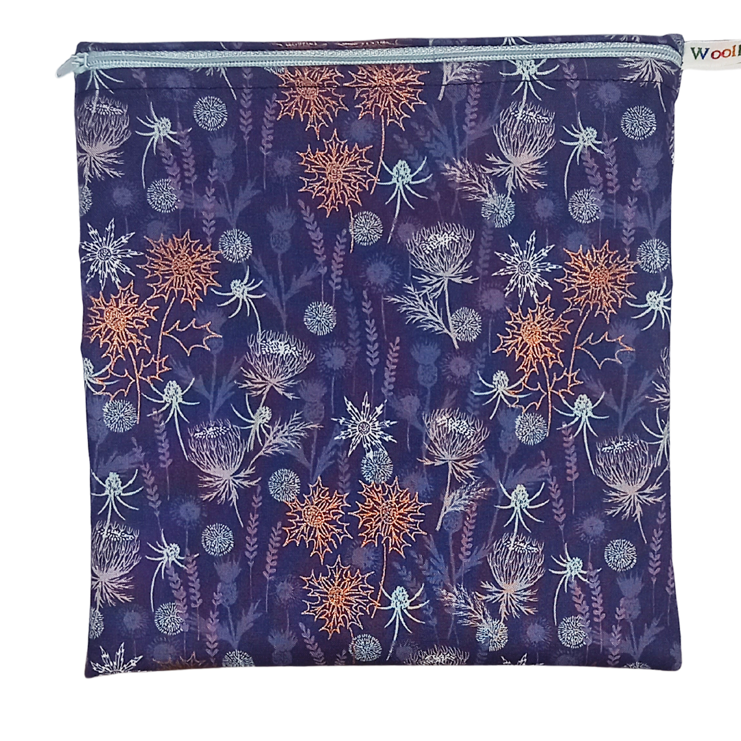 Metallic Thistles - Large Poppins Pouch - Waterproof, Washable, Food Safe, Vegan, Lined Zip Bag
