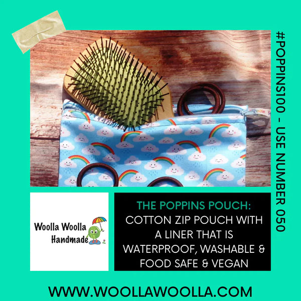 Blue Sea Turtle -  Handy Poppins Pouch, Waterproof, Washable, Food Safe, Vegan, Lined Zip Bag With Wrist Strap