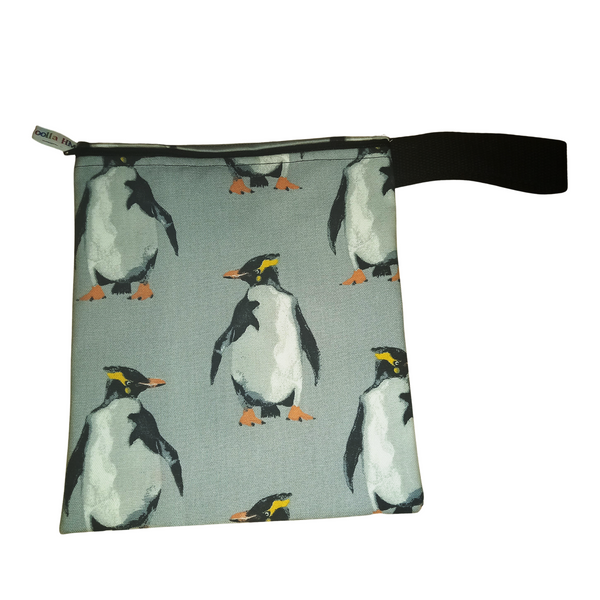 Artic Penguin -  Handy Poppins Pouch, Waterproof, Washable, Food Safe, Vegan, Lined Zip Bag With Wrist Strap