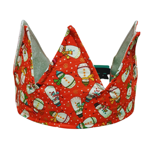 Red Snowmen With Silver Glitter Fabric Christmas Crown Reversible Adjustable - One Size Fits All Party Hat Birthday Crown - Eco Zero Waste