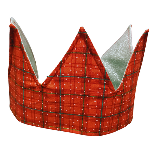 Tartan Snow With Silver Glitter Fabric Christmas Crown Reversible Adjustable - One Size Fits All Party Hat Birthday Crown - Eco Zero Waste