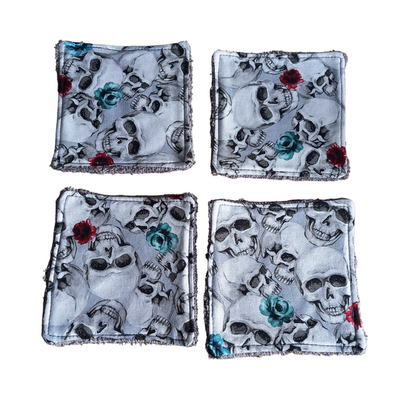 Reusable Cotton Wipes 4 Pack - Make Up - Toddler - Finger Wipes - Grey Skull with Grey Towelling
