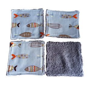Reusable Cotton Wipes 4 Pack - Make Up - Toddler - Finger Wipes - Grey Fish With Grey Towelling
