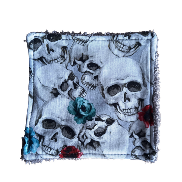 Reusable Cotton Wipes 4 Pack - Make Up - Toddler - Finger Wipes - Grey Skull with Grey Towelling