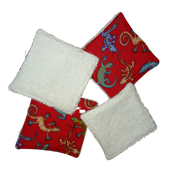 Reusable Cotton Wipes 4 Pack - Make Up - Toddler - Finger Wipes - Red Gecko With White Towelling