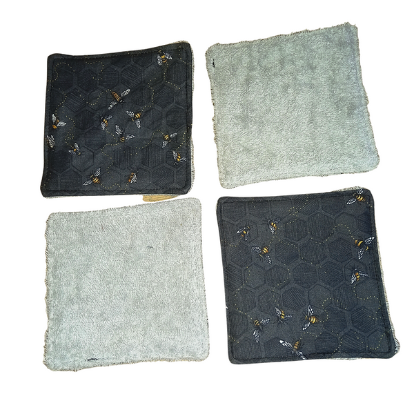 Reusable Cotton Wipes 4 Pack - Make Up - Toddler - Finger Wipes - Charcoal Bee with Grey Towelling