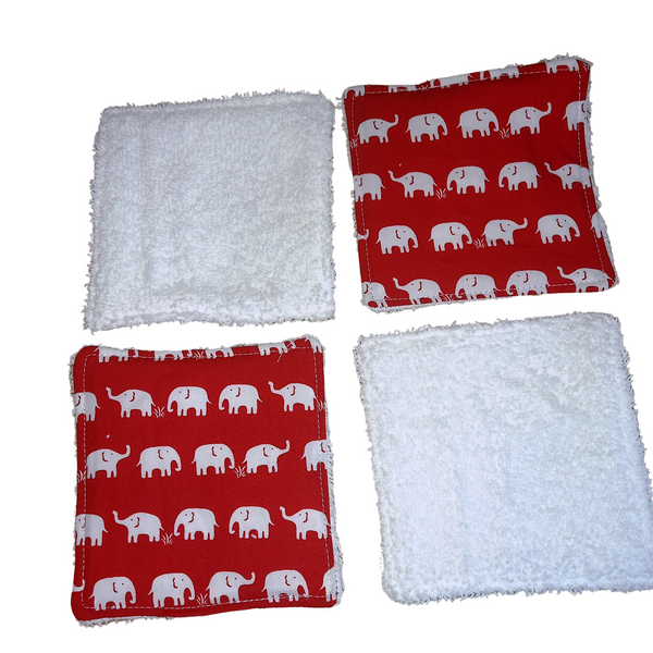 Reusable Cotton Wipes 4 Pack - Make Up - Toddler - Finger Wipes - Red Elephants with White Towelling
