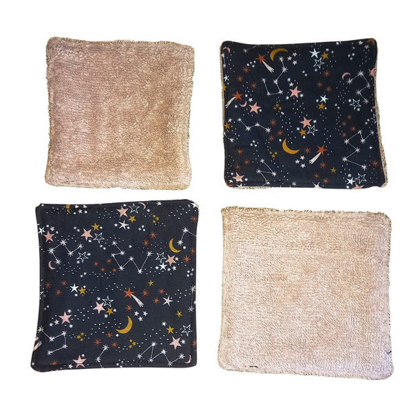 Reusable Cotton Wipes 4 Pack - Make Up - Toddler - Finger Wipes - Under The Stars with Blush Towelling