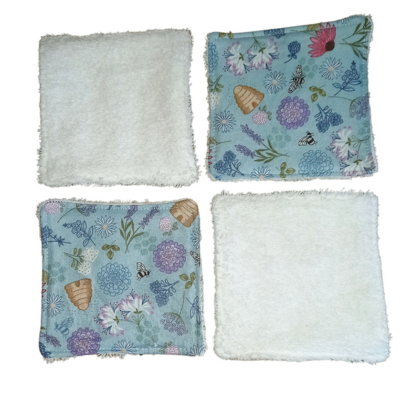 Reusable Cotton Wipes 4 Pack - Make Up - Toddler - Finger Wipes - Floral Bee Hive With White Towelling