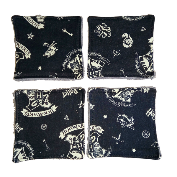 Reusable Cotton Wipes 4 Pack - Make Up - Toddler - Finger Wipes - Magic School Crest With Grey Towelling