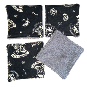 Reusable Cotton Wipes 4 Pack - Make Up - Toddler - Finger Wipes - Magic School Crest With Grey Towelling