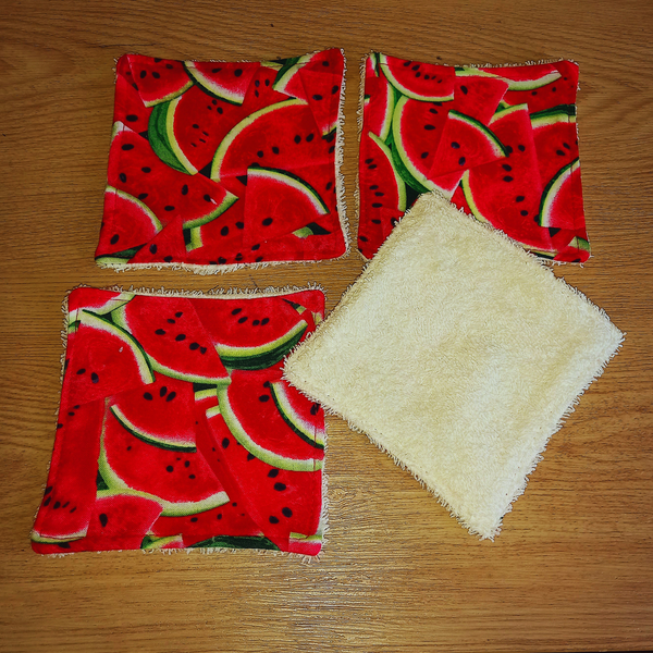 Reusable Cotton Wipes 4 Pack - Make Up - Toddler - Finger Wipes - Watermelon Toss With White Towelling