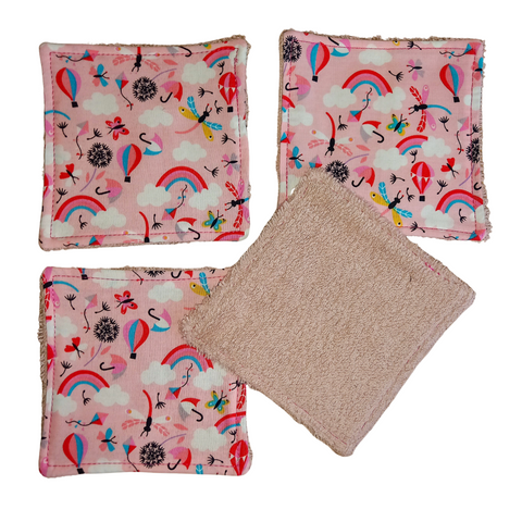 Reusable Cotton Wipes 4 Pack - Make Up - Toddler - Finger Wipes - Pink Dragonfly Toss With Blush Towelling