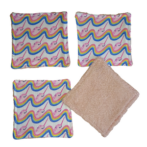 Reusable Cotton Wipes 4 Pack - Make Up - Toddler - Finger Wipes - Narwhal Rainbow With Blush Towelling