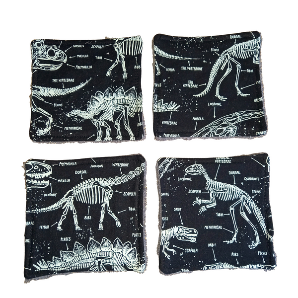 Reusable Cotton Wipes 4 Pack - Make Up - Toddler - Finger Wipes - Black Dinosaur Skeleton With Grey Towelling
