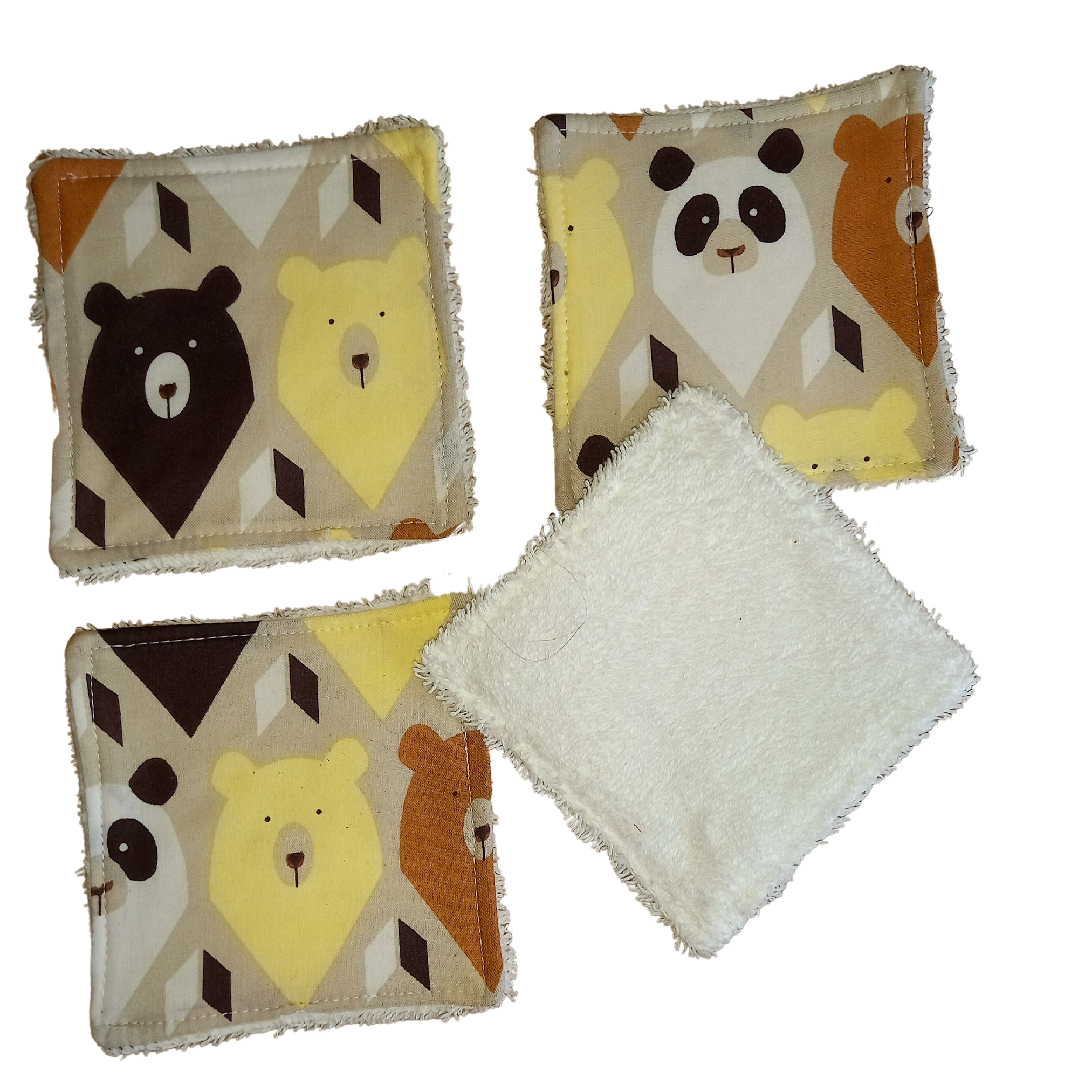 Reusable Cotton Wipes 4 Pack - Make Up - Toddler - Finger Wipes - Bears With Cream Towelling