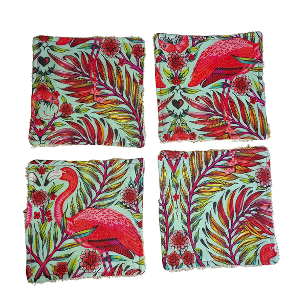 Reusable Cotton Wipes 4 Pack - Make Up - Toddler - Finger Wipes - T1 Mint Flamingo With Cream Towelling