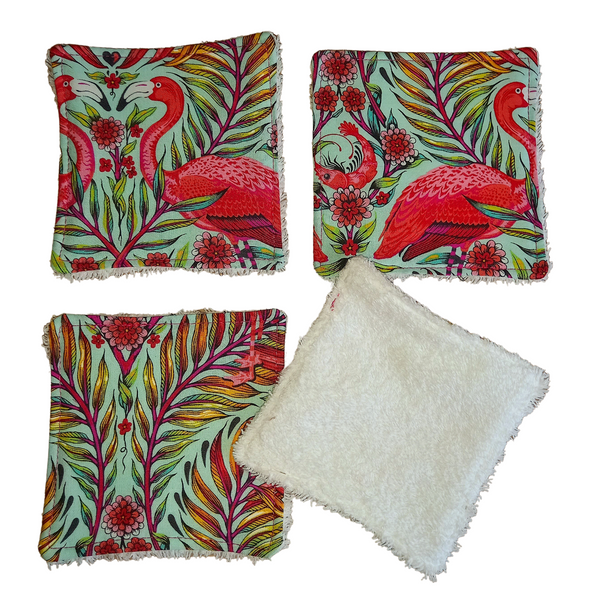 Reusable Cotton Wipes 4 Pack - Make Up - Toddler - Finger Wipes - T2 Mint Flamingo With White Towelling