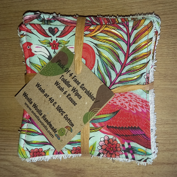 Reusable Cotton Wipes 4 Pack - Make Up - Toddler - Finger Wipes - T2 Mint Flamingo With White Towelling