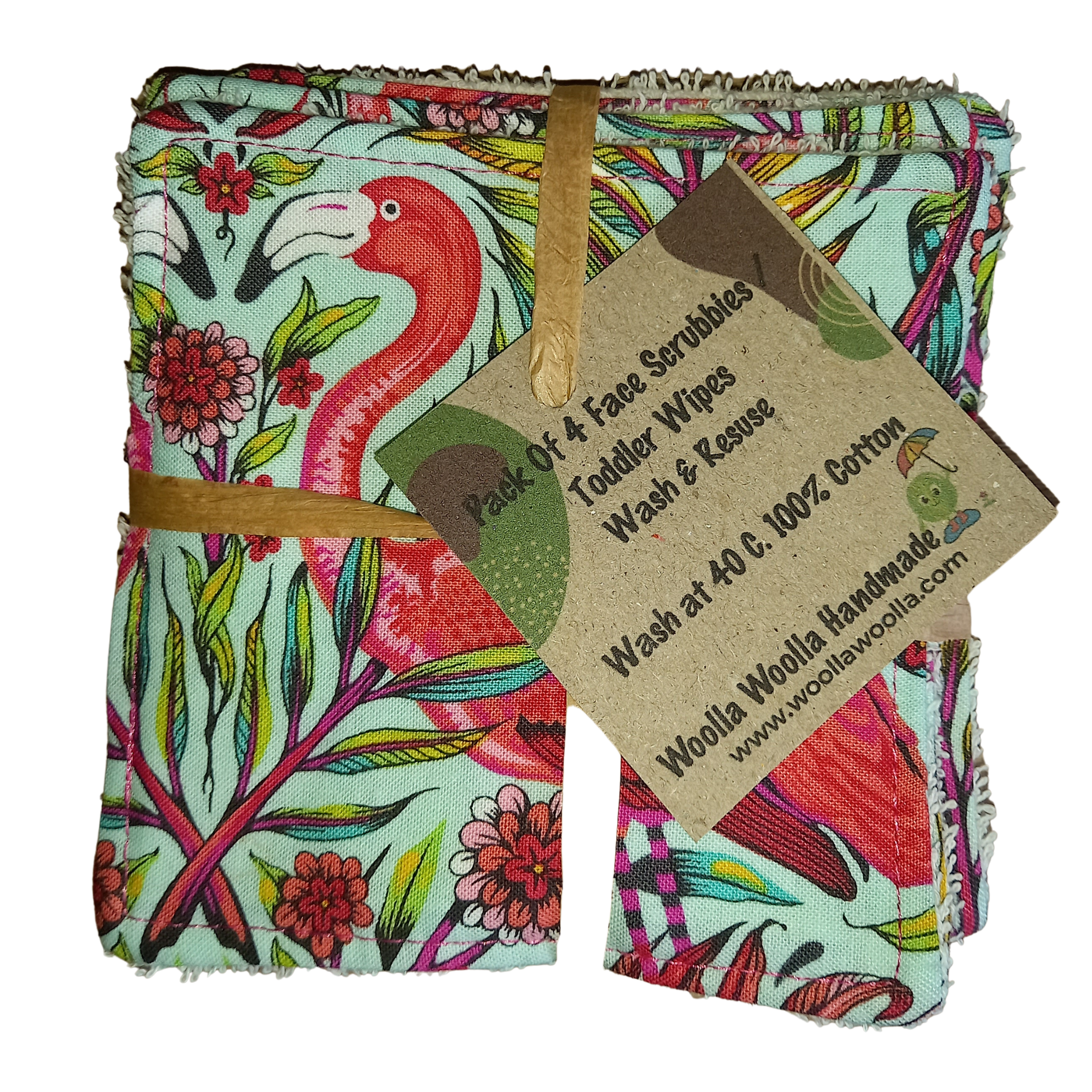 Reusable Cotton Wipes 4 Pack - Make Up - Toddler - Finger Wipes - T1 Mint Flamingo With Cream Towelling