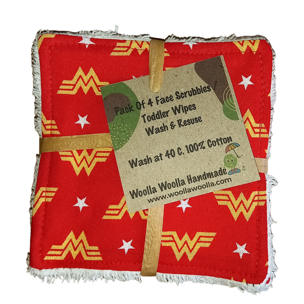 Reusable Cotton Wipes 4 Pack - Make Up - Toddler - Finger Wipes - Red Hero With White Towelling
