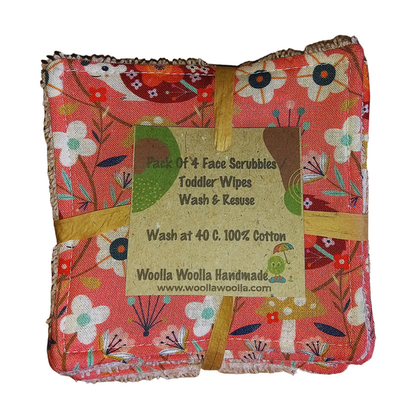 Reusable Cotton Wipes 4 Pack - Make Up - Toddler - Finger Wipes - Floral Hedgehog with Blush Towelling