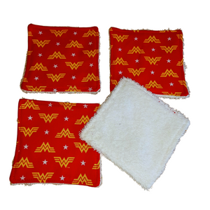 Reusable Cotton Wipes 4 Pack - Make Up - Toddler - Finger Wipes - Red Hero With White Towelling