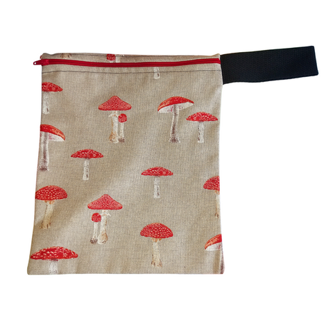 Natural Toadstool -  Handy Poppins Pouch, Waterproof, Washable, Food Safe, Vegan, Lined Zip Bag With Wrist Strap