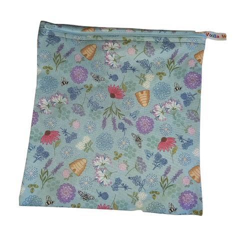 Blue Floral Bee Hive - Large Poppins Pouch - Waterproof, Washable, Food Safe, Vegan, Lined Zip Bag