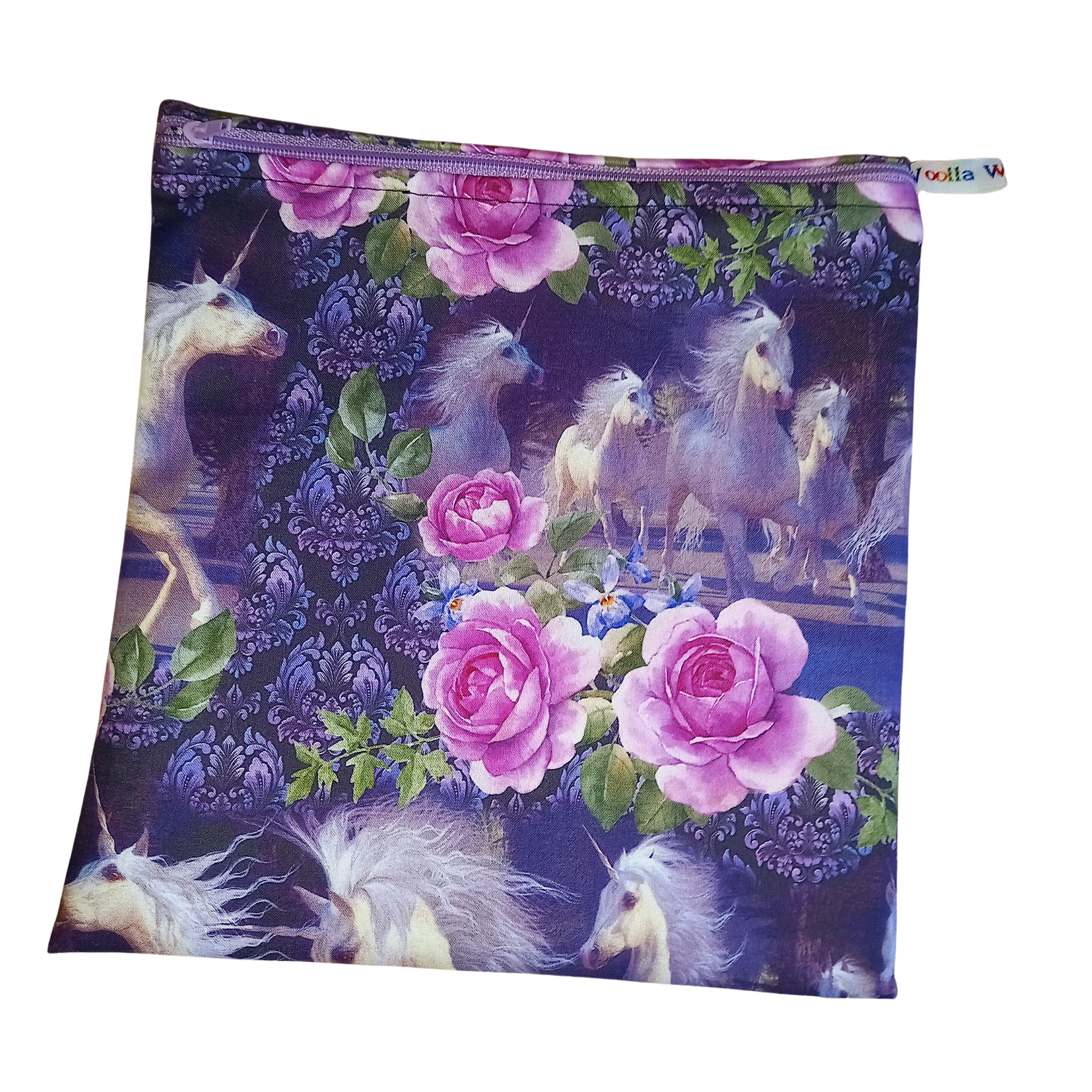 Floral Fantasy Unicorn - Large Poppins Pouch - Waterproof, Washable, Food Safe, Vegan, Lined Zip Bag