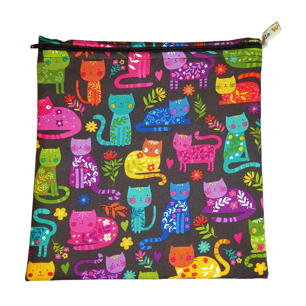 Bright Cats- Large Poppins Pouch - Waterproof, Washable, Food Safe, Vegan, Lined Zip Bag