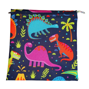 Bright Dinosaur - Large Poppins Pouch - Waterproof, Washable, Food Safe, Vegan, Lined Zip Bag