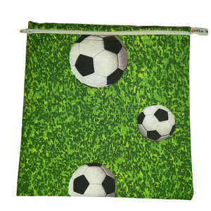 Football on Grass - Large Poppins Pouch - Waterproof, Washable, Food Safe, Vegan, Lined Zip Bag