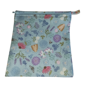 Blue Floral Bee Hive -  Medium Poppins Pouch Washable Sandwich Bag - Vegan Alt. to Wax Wrap