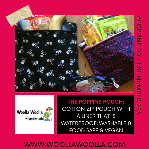 Blue Floral Bee Hive -  Handy Poppins Pouch, Waterproof, Washable, Food Safe, Vegan, Lined Zip Bag With Wrist Strap