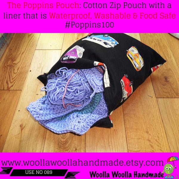 Lime Cranes Poppins Pouch: Washable Lunch/Toiletry Bag