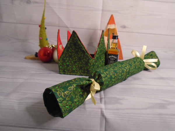 Mistletoe & Holly On Green Fabric Reusable Christmas Cracker Pullable Eco Friendly Zero Waste Stocking Filler, Christmas Table Decoration