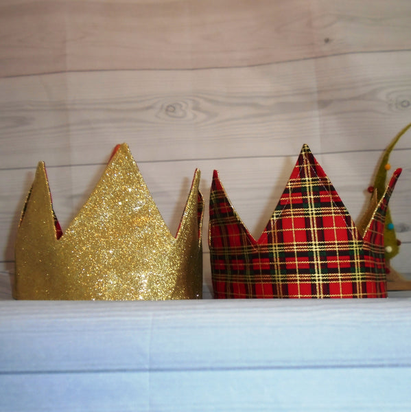 Red Metallic Tartan Gold Glitter Fabric Christmas Crown Reversible Adjustable - One Size Fits All Party Hat Birthday Crown - Eco Zero Waste