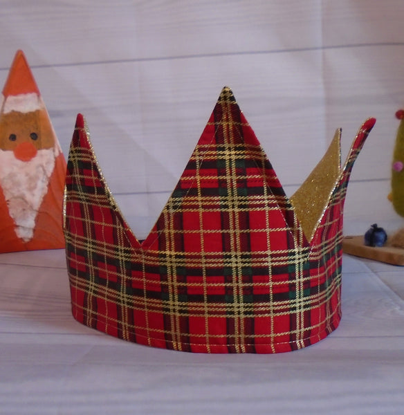 Red Metallic Tartan Gold Glitter Fabric Christmas Crown Reversible Adjustable - One Size Fits All Party Hat Birthday Crown - Eco Zero Waste
