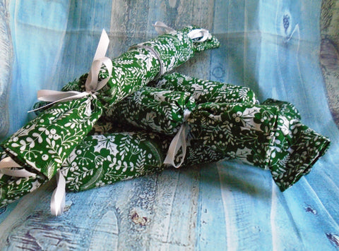 Mistletoe & Holly On Green Fabric Reusable Christmas Cracker Pullable Eco Friendly Zero Waste Stocking Filler, Christmas Table Decoration