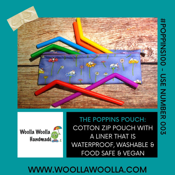 XL Straw Cutlery Pouch: Bat Print, Waterproof Lined Poppins Pouch
