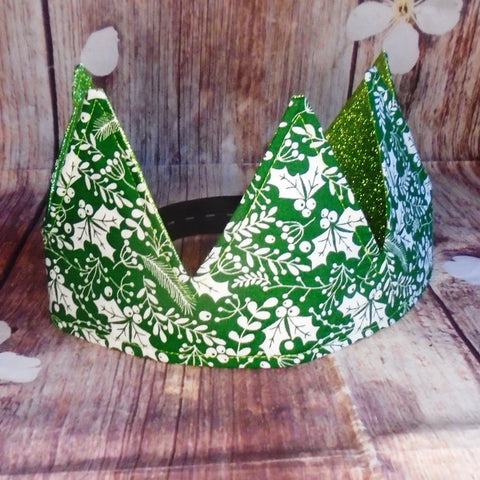 Green Holly & Mistletoe With Light Green Glitter Fabric Christmas Crown Reversible Adjustable - One Size Fits All Party Hat Birthday Crown - Eco Zero Waste