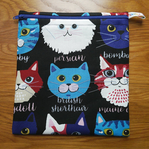 Reusable Sandwich Bag, Sanitary Pads Bag, Bagel Holder, Travel Makeup Bag Reusable Snack Pouch, Vegan Snack Box, Zip, Cat Breed Clowder