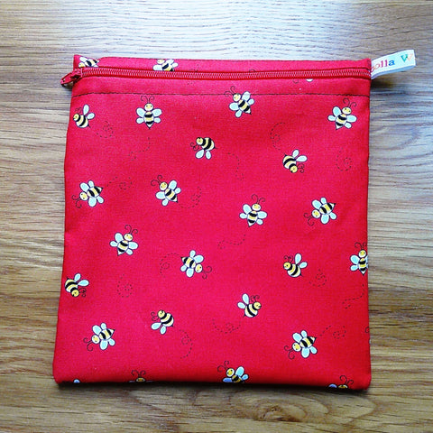 Reusable Sandwich Bag, Sanitary Pads Bag, Bagel Holder, Travel Makeup Bag Reusable Snack Pouch, Vegan Snack Box, Zip, Red Bees