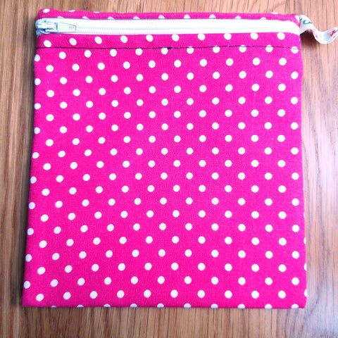 Reusable Snack Bag - Bikini Bag - Lunch Bag - Make Up Bag Small Poppins Waterproof Lined Zip Pouch - Sandwich - Period - Cerise Polka Dot