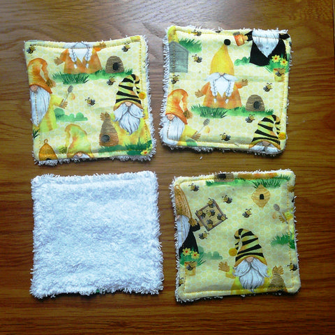 Reusable Face Wipes, Reusable Cotton Pads, Washable Wipes, Makeup Remover Pads, Baby Wipes, Reusable Cleaning Pads, 4 Pack, Bee Gnome Tomte