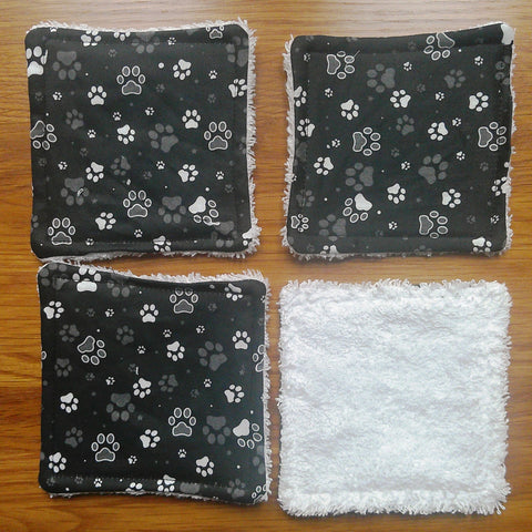 Reusable Face Wipes, Reusable Cotton Pads, Washable Wipes, Makeup Remover Pads, Baby Wipes, Reusable Cleaning Pads 4 Pack Black Wh Pawprints